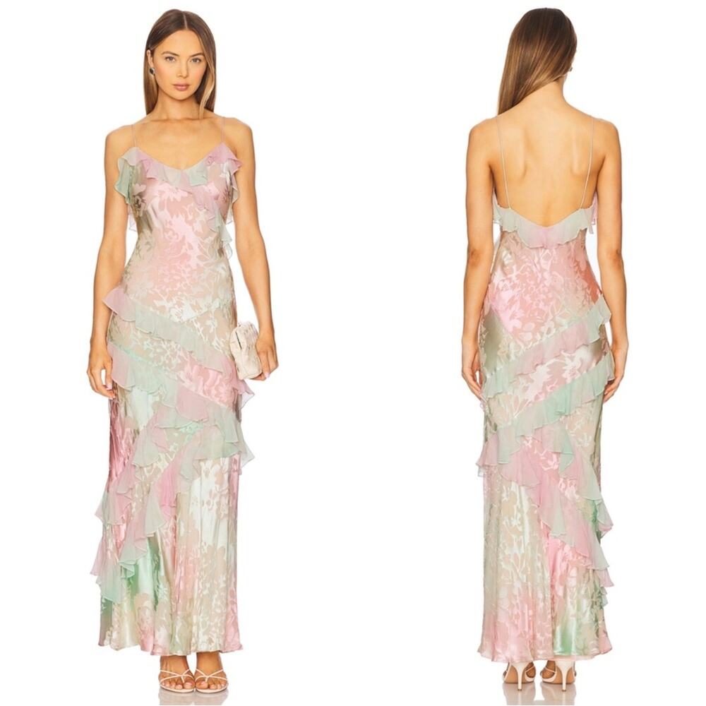 LOVESHACKFANCY Rialto Floral Ruffle Tiered Silk Lilac Spring Maxi Dress Sz 0